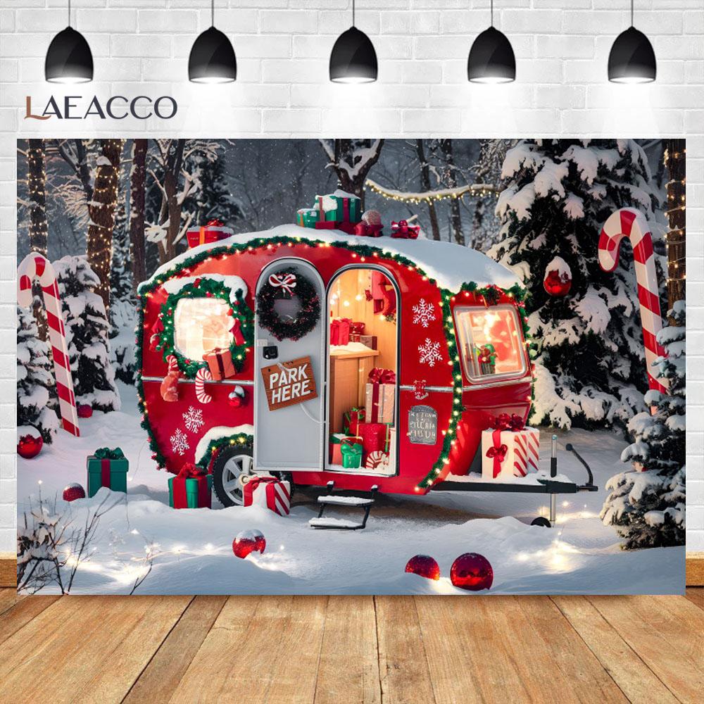 Laeacco Christmas Camper Pography Backdrop Winter Snowy Pine Trees Mini Bus Baby Birthday Family Holiday Portrait Background