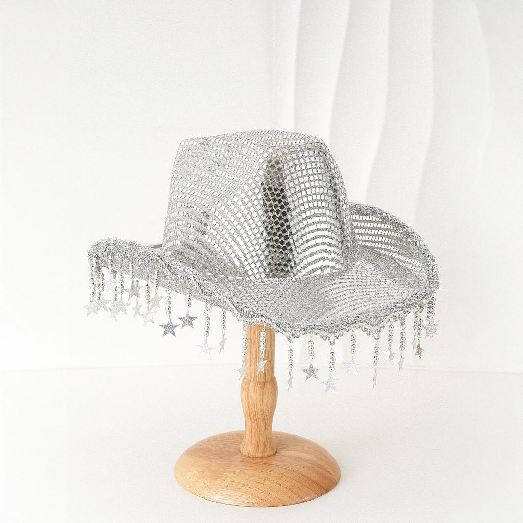 Men's and Women's Western Cowboy Hats, Sequined Fringed Stars, Wide-brimmed Hats, BR Street Party Jazz Hats.