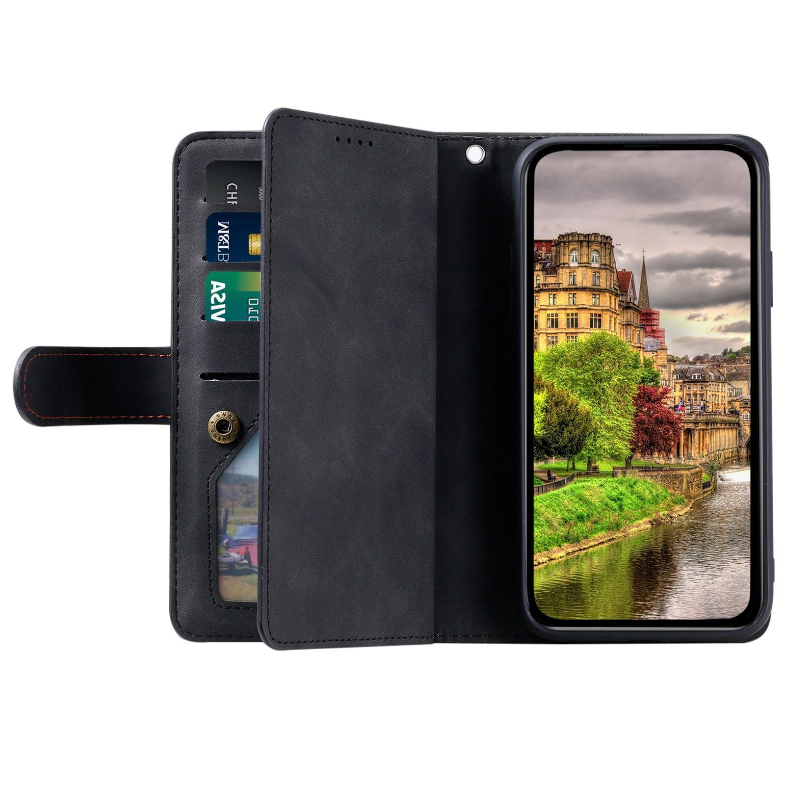 

For iPhone 14 6.1 inch Zipper Pocket Design 9 Card Slots PU Leather Case Magnetic Closure Stand Wallet Cover with Strap Brown