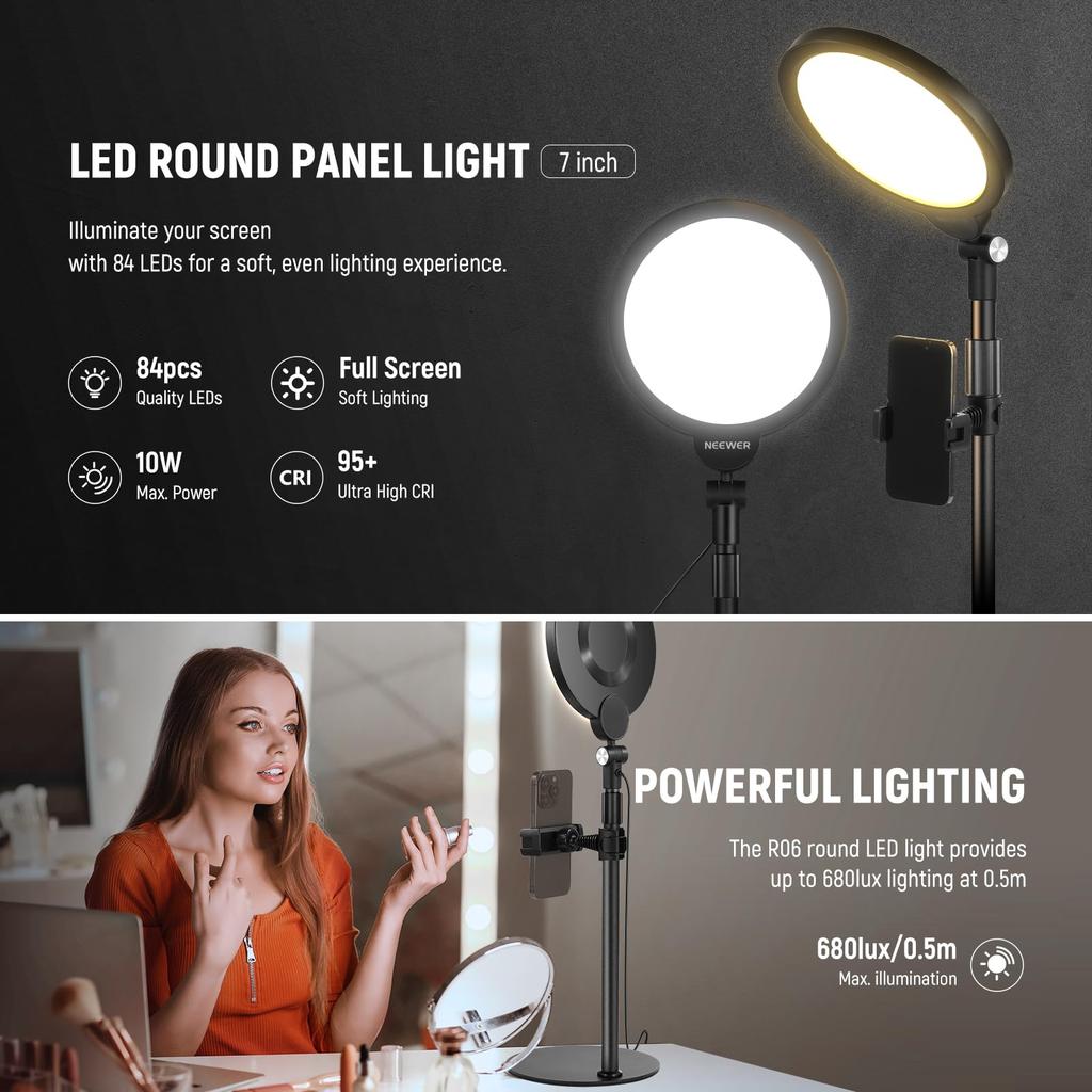 NEEWER BASICS Tabletop Ring Video 680 USB Stand and Smartphone Holder iPhone Actress Light for Live Zoom and YouTube Shooting 7-inch Light, Light,