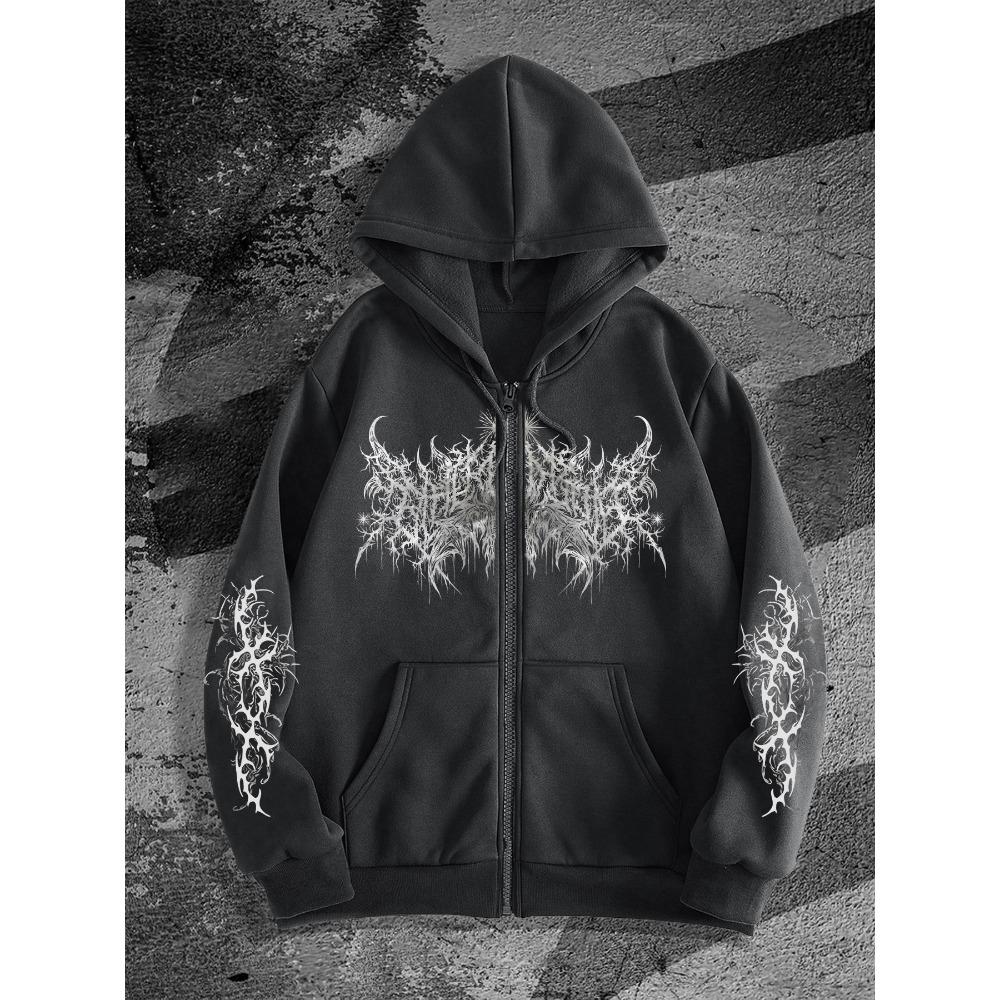 College Dark Style Original Printed Zipper Hoodie, Fashionable Streetwear for Loose Casual Occasions, School Fashion Clothing