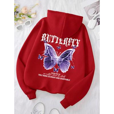 Women Beautiful Purple Butterfly Printing Hoodies Women Pocket Hoody Simple Casual Hoodie Autumn Loose Female Streetwear