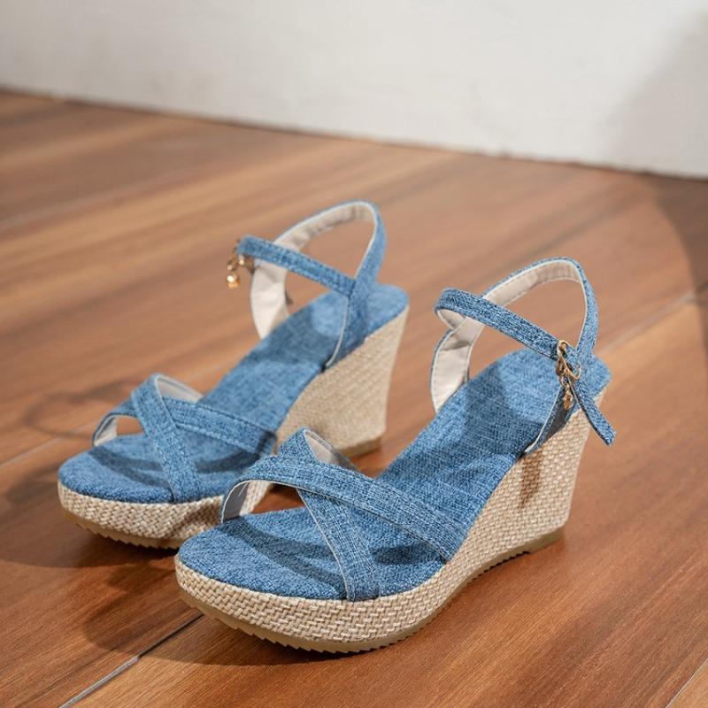 Fashion Summer Slope Heel Buckle Open Toe Wedge Ultra High Heel Women's Sandals 2025Fashion One Line Buckle Sandals Women Shoes  Heels