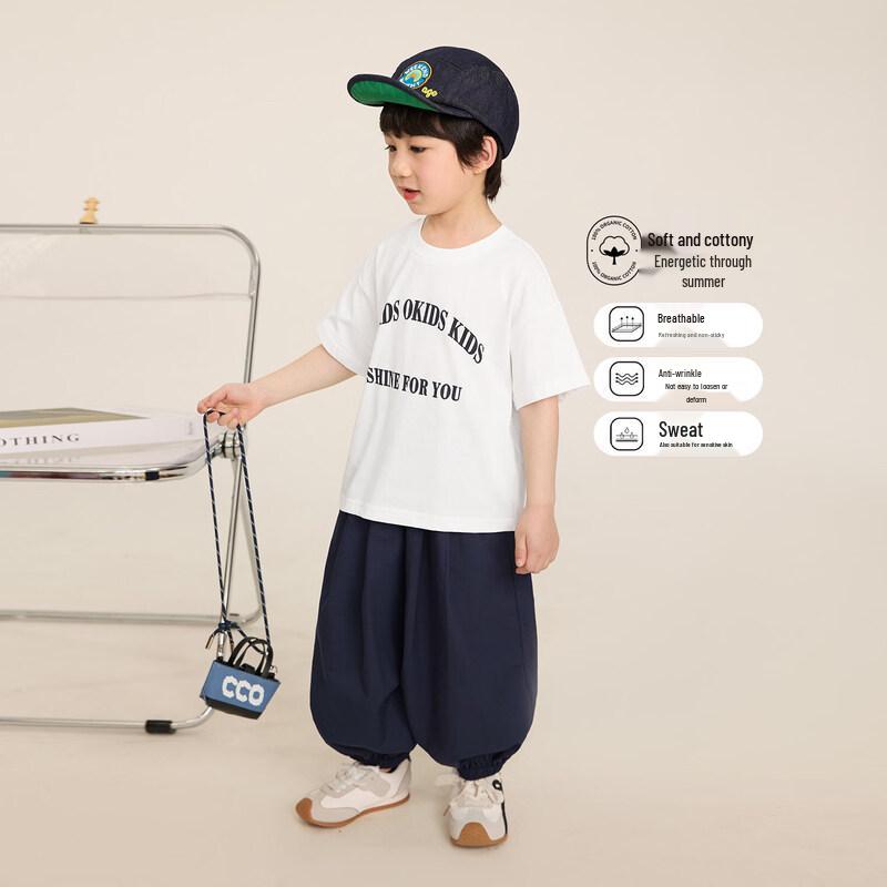 LUSON Boys  2026 Summer Cotton Letter Print Short Sleeve T-shirt 120