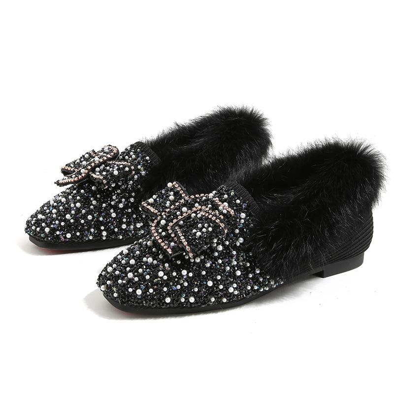 Fashion 34-43Big Size Crystal Beading Fur Moccasins Women Winter Shoes Square Toe Warm Plush Loafers Female Glitter Pearl Mink Fur Flats