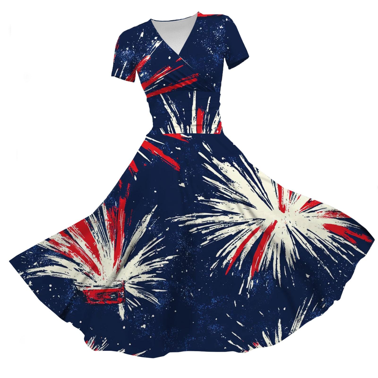 

Women s Princess Dress Sexy V-neck Independence Day Print Draw-waist Pleated Short-sleeved Dress M Темно-синій