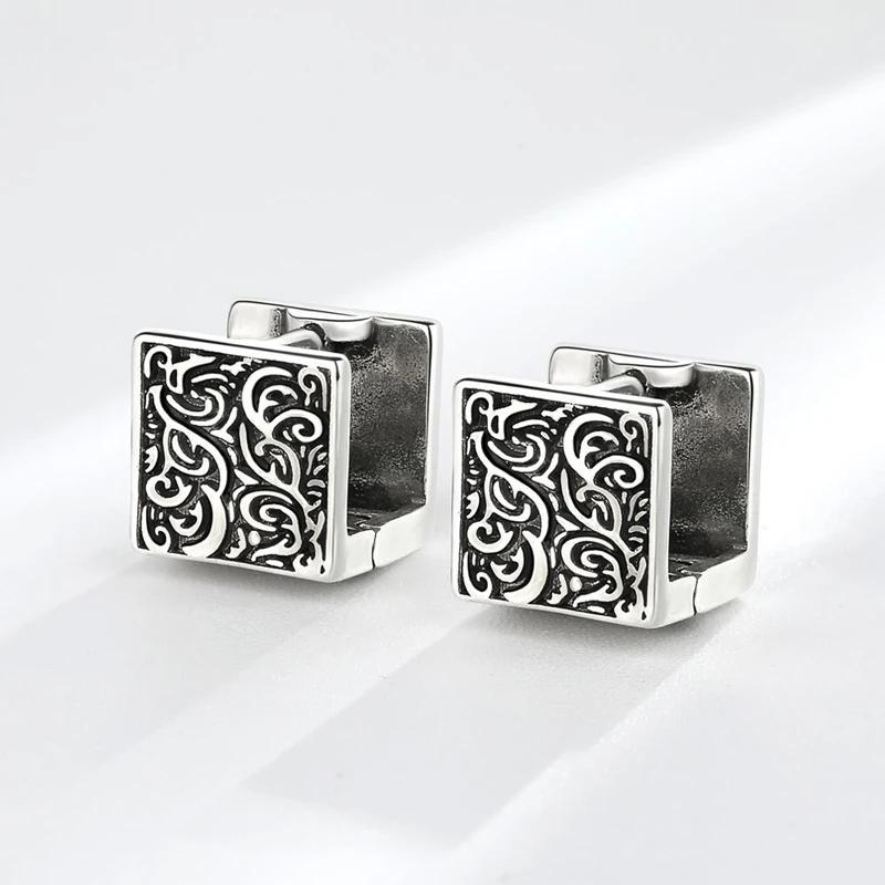 Vintage Ethnic Thai copper Square Hoop Huggie Earrings for Women Men Chic Pattern Square Earring Hip Hop Rock Rap Cool Jewelry