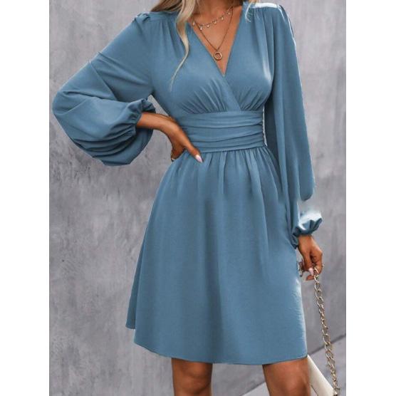 Abiti Abbigliamento Donna Scollo a V Manica a Lanterna Wrap Mini Abito Vita Arricciata Orlo Svasato Elegante per Stili Autunnali e da Festa