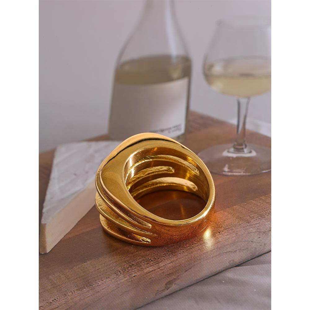 Yhpup 316l Stainless Steel Geometric Hollow Layered Wide Ring Charm Metal 18K Gold Plated Statement Women Jewelry Waterproof