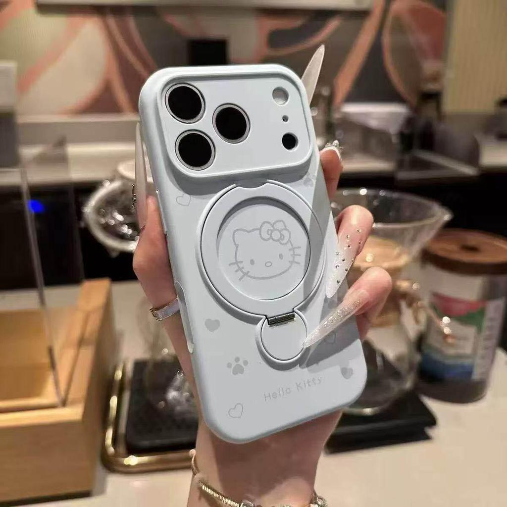 Magnetic Liquid Silicone Case for Apple 17 Pro - KT Cat Cartoon Shell with Bracket Protective Cover