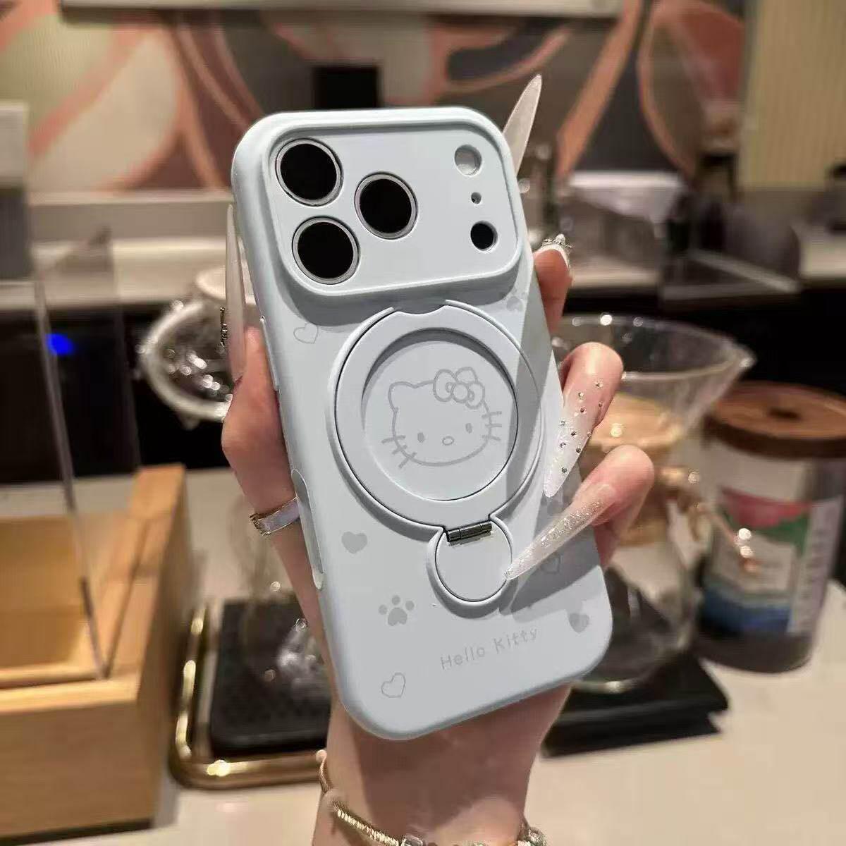 

Magnetic Liquid Silicone Case for Apple 17 Pro - KT Cat Cartoon Shell with Bracket Protective Cover 14 синий