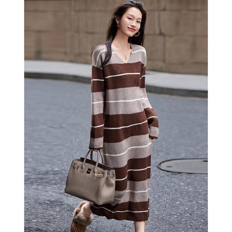 Demana Retro Striped V-Neck Long Sleeve Midi Dress