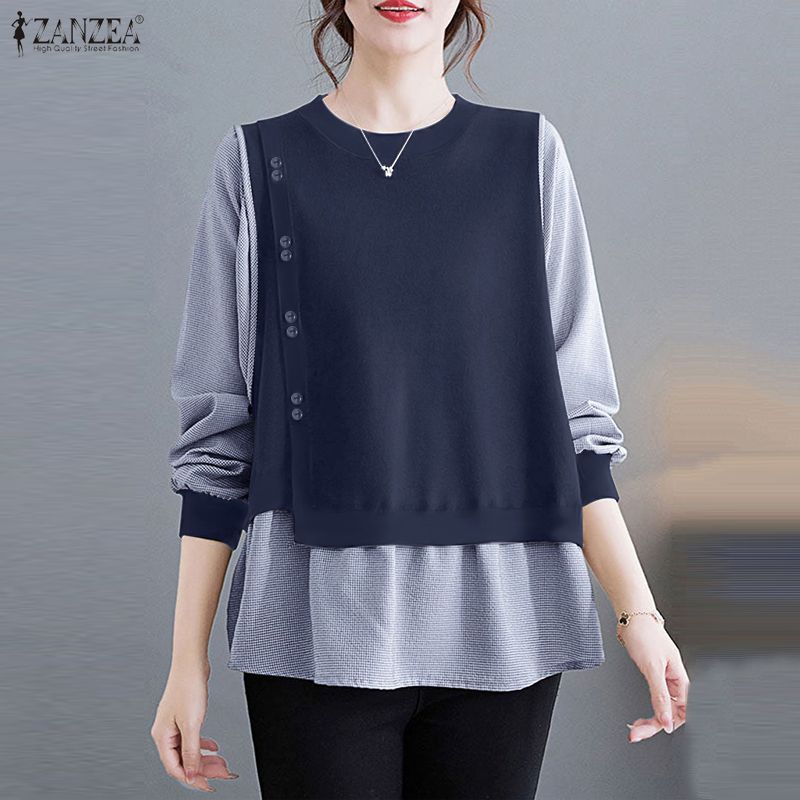 ZANZEA Womens Autumn Plaid Print Long Sleeve Splice Casual Blouse