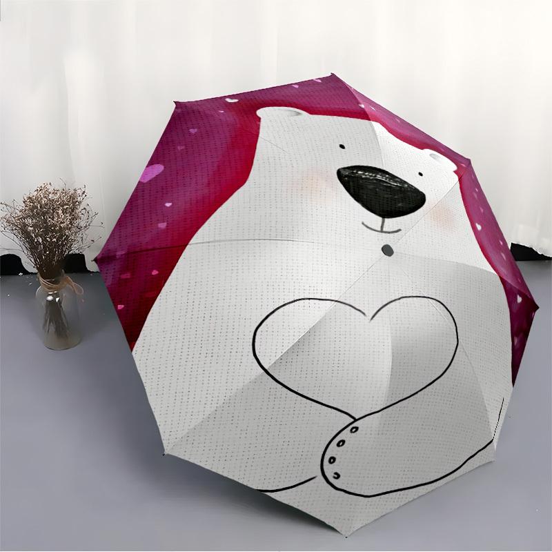 1pc Polar Bear Heart Automatic Folding Umbrella, 8-Rib Durable Iron Frame, Compact Travel Umbrella for Women & Men097