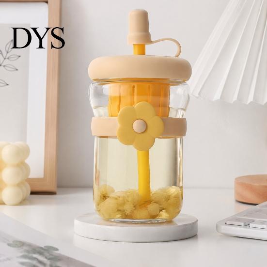 Colorful Borosilicate Glass Tea Cup Straw Cup, with Detachable Filter, Macaron Color Flower Cute Bottle Decor, Portable Heat Resistant Travel Mug, for