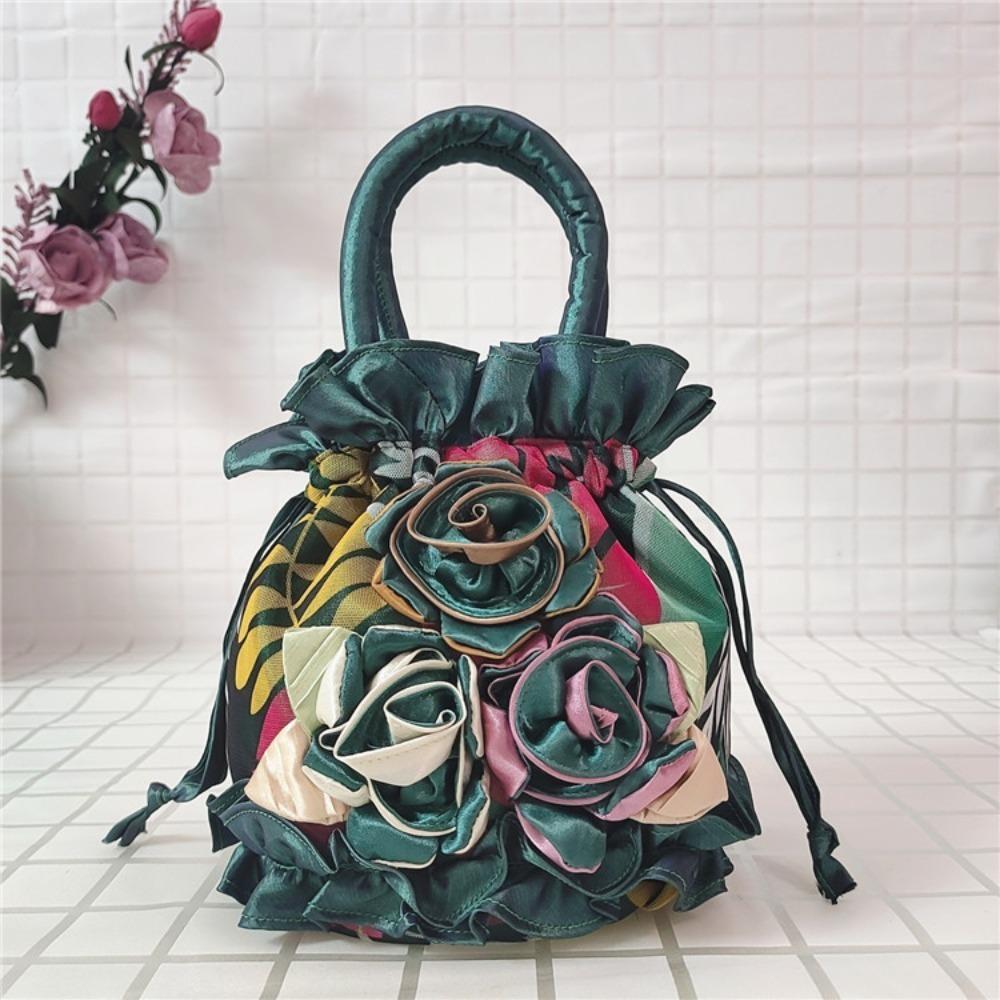 High Quality Top Handle Lace Flower Bag Lace Embroidery Bucket Drawstring Cloth Bag Dacron Women's Handbag