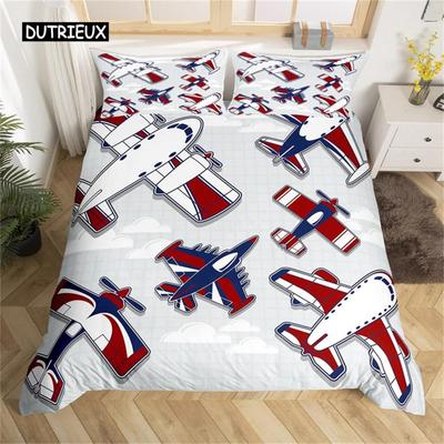 Funda nórdica de avión de dibujos animados, juego de ropa de cama de avión, funda de edredón de microfibra con linda nube, tamaño Twin King para niños y niñas, regalo para la habitación.