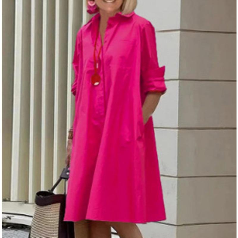 Novos produtos de outono, camisa com gola estampada de bolinhas de temperamento fashion, manga comprida, vestido médio e longo