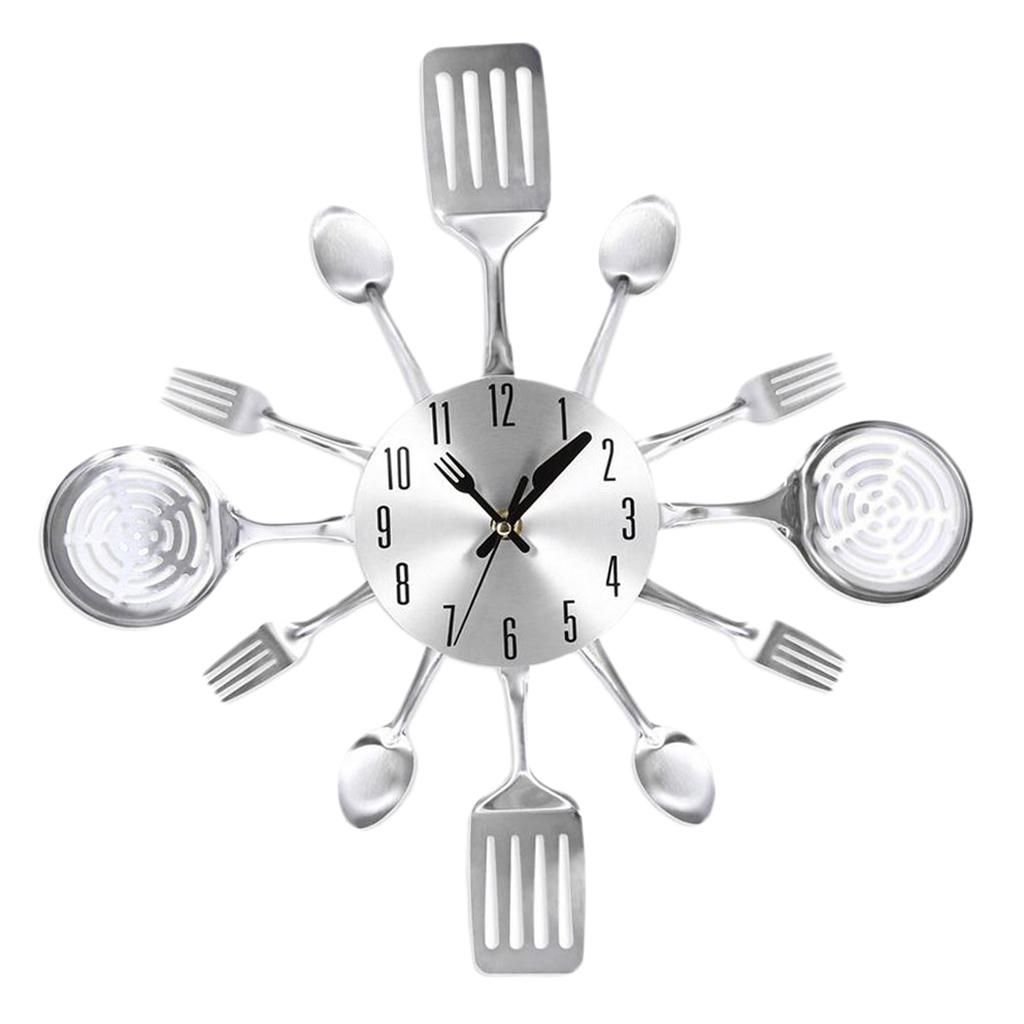 Non-ticking Creative Pan Shape Wall Clock Luxury Metal Digital Wall Timepiece for Kitchen Restaurant Wall Decor