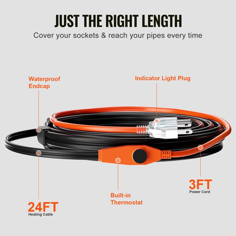 SucceBuy Pipe Heating Cable 24FT/30FT/12FT/18FT 6FT Heat Tape Pipe Heat Cable Protects PVC Hose Metal Plastic Pipe from Freezing