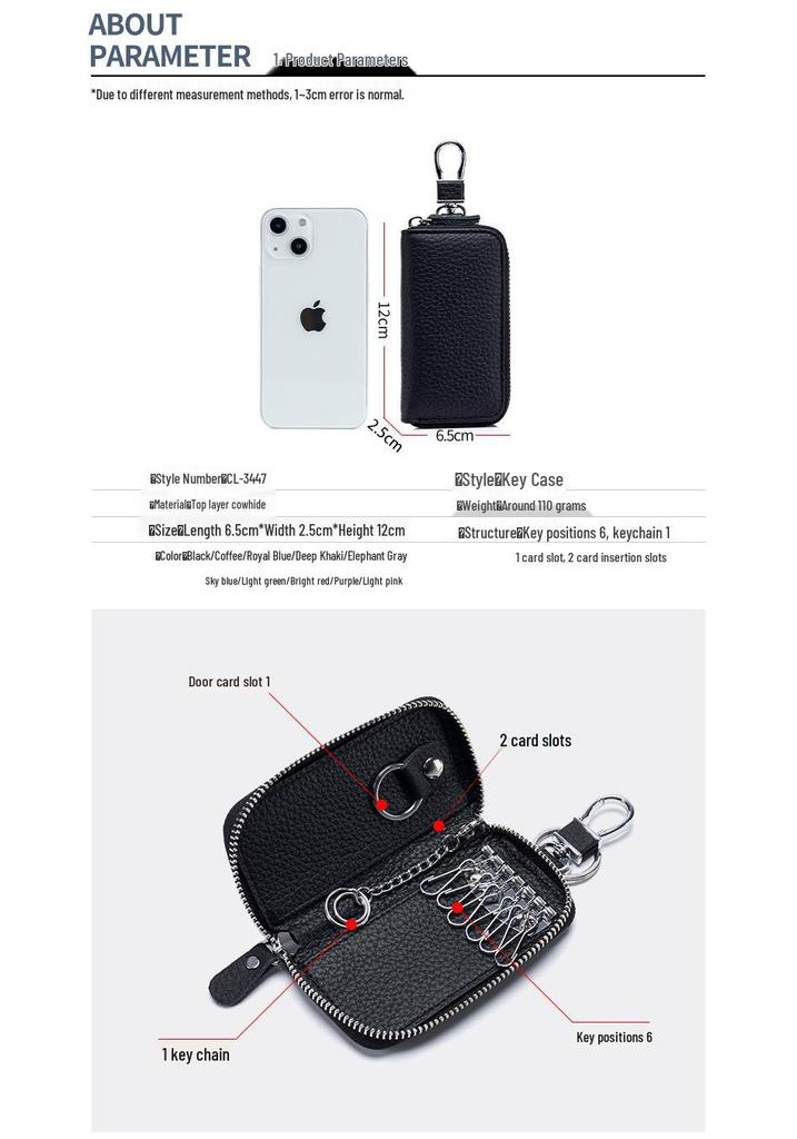 Genuine Leather Multifunctional Zipper Lock Car Key Case