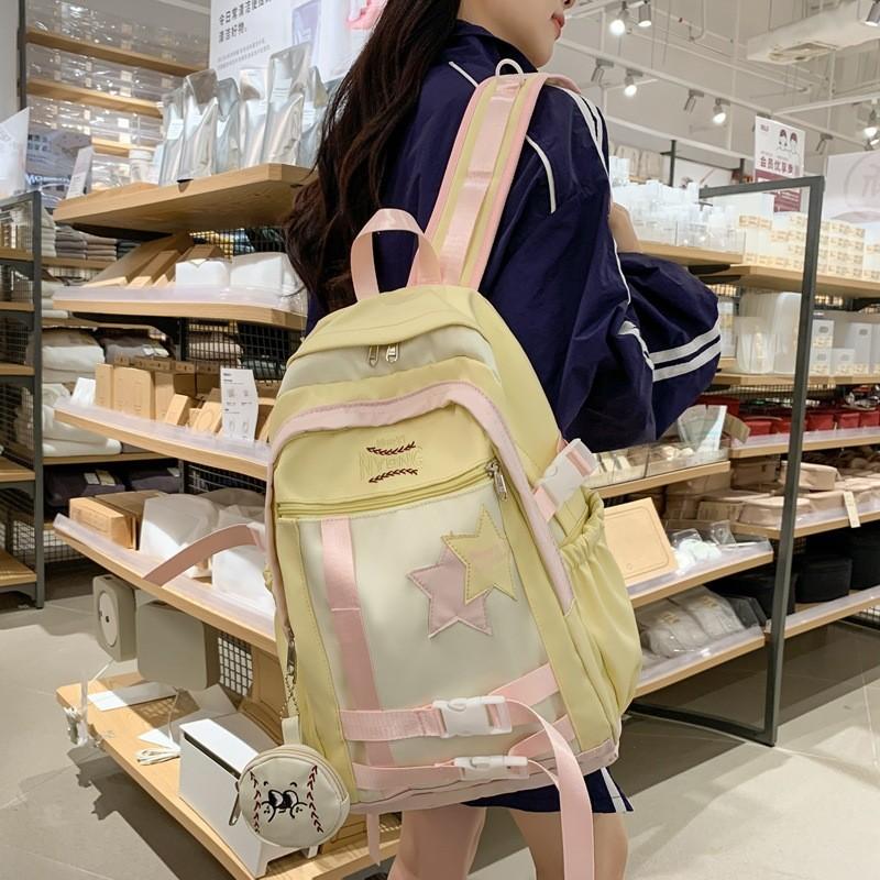 Blocked Fashionable Color Letter Embroidery Star Decoration Student Backpack