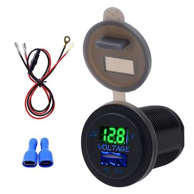 USB-Anschlüsse Autoladegerät Spannungsanzeige Voltmeter Fahrzeugstrom IP66 Wasserdicht 2.1AGrün DC1224V