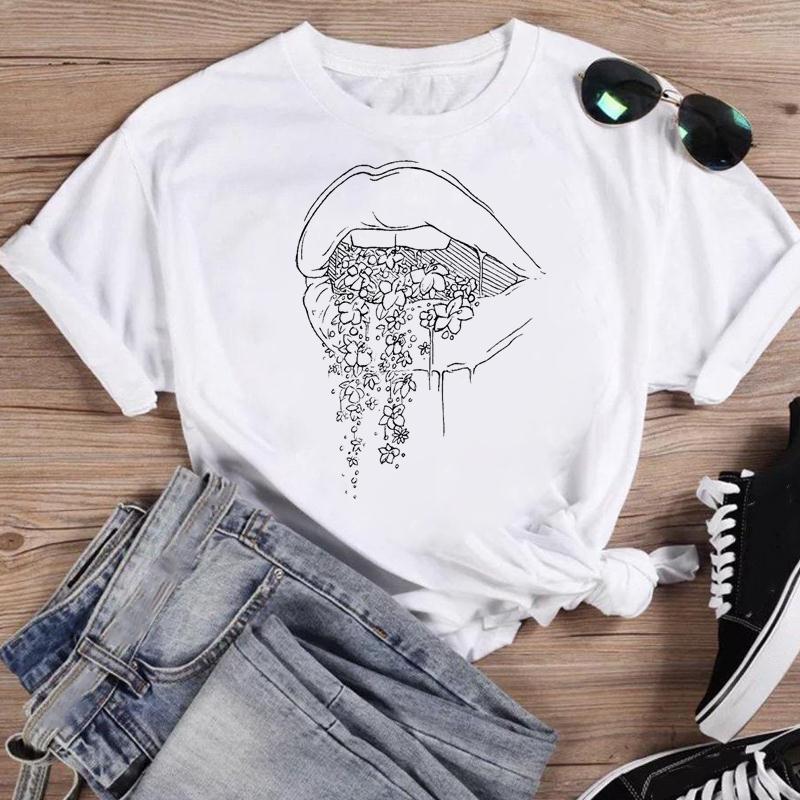 Women Lip Watercolor Sexy Lip Sweet Print T Shirt Female Graphic Top Short Sleeve Fashion  Summer Tshirts Casual Tee T-Shirt