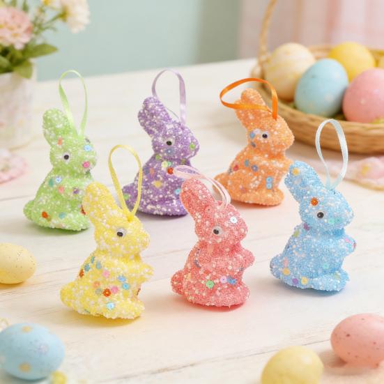 6Pcs Easter Foam Bunny Decorations Colorful Glitter Bunny And Egg Shapes Simple Hanging Wall Art for Party Spring Crafts Kindergarten And Home Decor