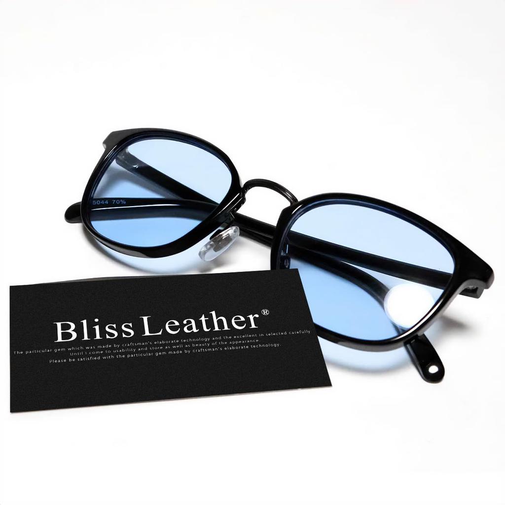 [Bliss Leather] BlackBlack x Light Blue Sunglasses, Fashion Glasses, Wellington Style, Full Rim, Men's & Women's, Non-Prescription, Colored,