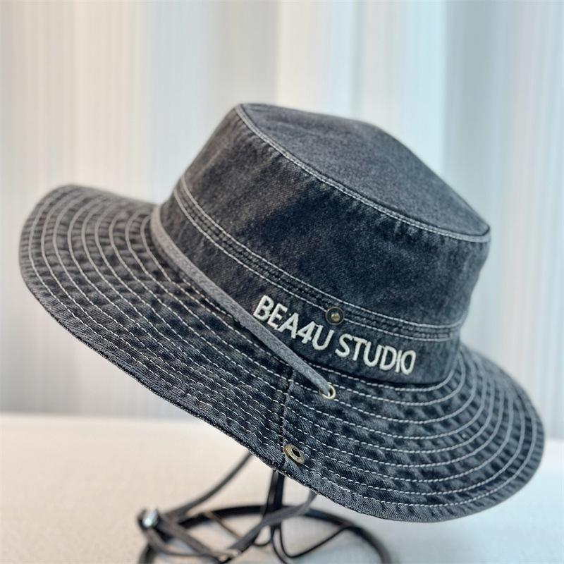 Women Denim Bucket Hat Solid Color Summer Sun Protection Hat Wide Brim Fisherman Cap for Outdoor Travel Beach