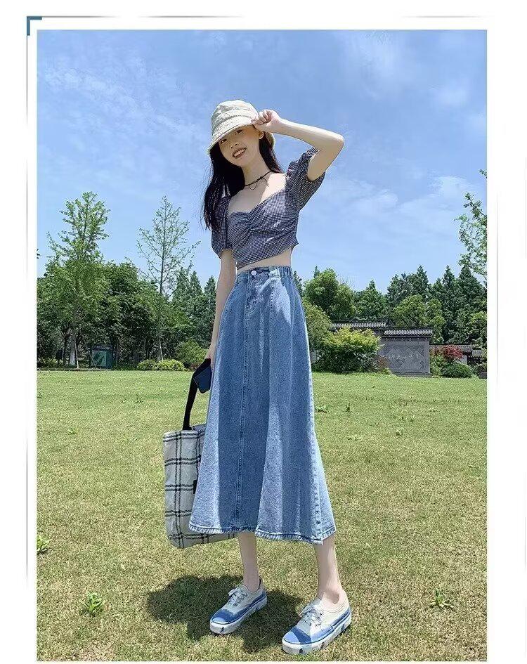 2024 Spring/Summer Women's High Waist Denim Midi Skirt - Slimming Casual Mid-Length In Dark Blue