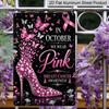 2D Flat in October We Wear Pink Rhinestone High Heel Butterfly Aluminum Metal Sign‑8.0x12.0inch Breast Cancer Awareness Wall Decor, Pink Ribbon Glam