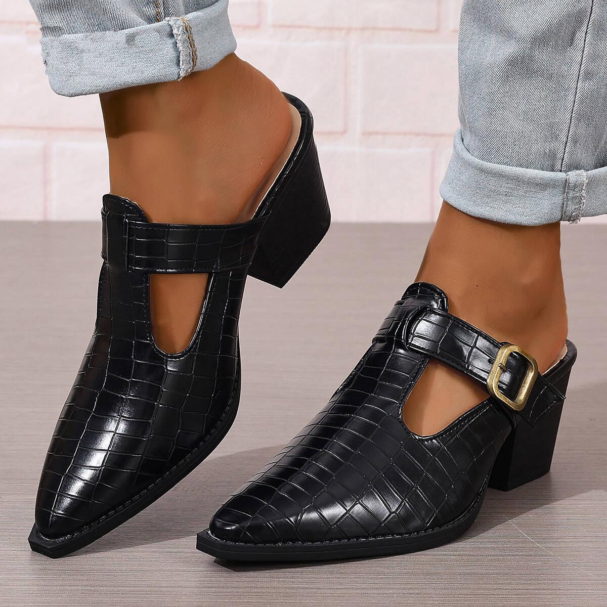 

TinaCus Handmade Women s Closed Pointed Toe T-Strap Buckle Block Heel Backless Mules 43 чорний
