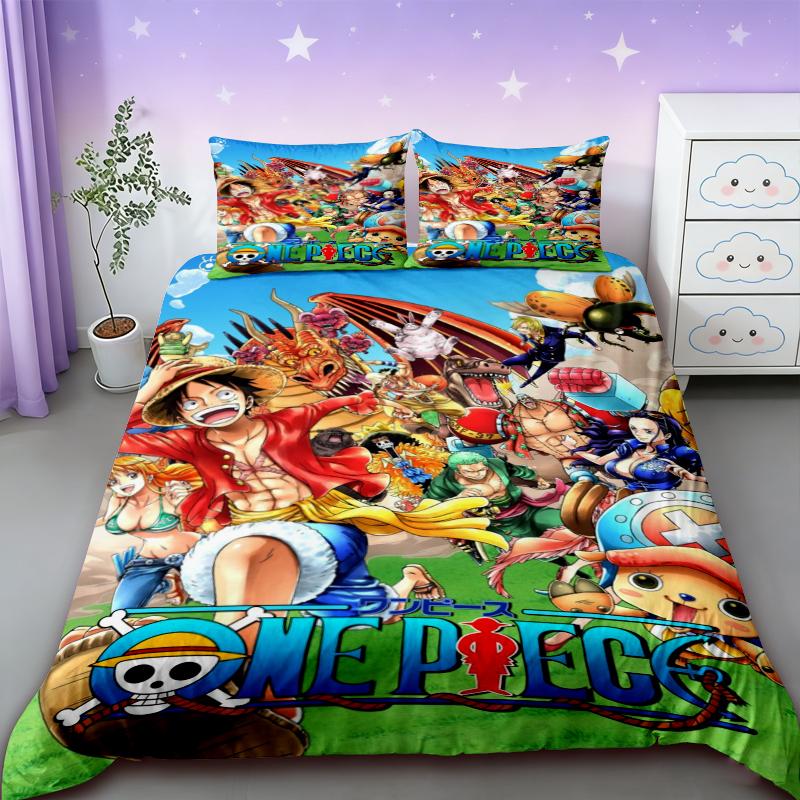 Duvet Cover One Piece Kids Cartoon Luffy Bedding Set with 2 Pillowcases Soft and Cozy Bedroom Bed Decor Teens Boys Gifts Best