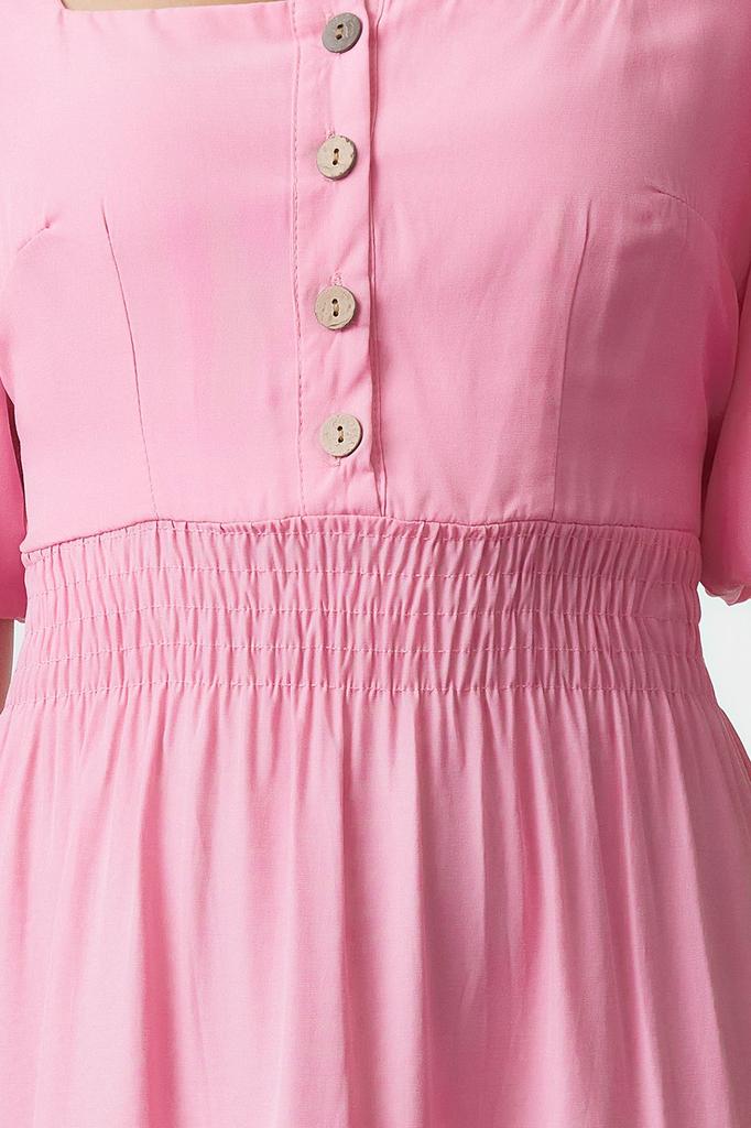 Women's Style Dress Pink Square Neck Maxi Woven Dress with Opening Waist and Back Detail