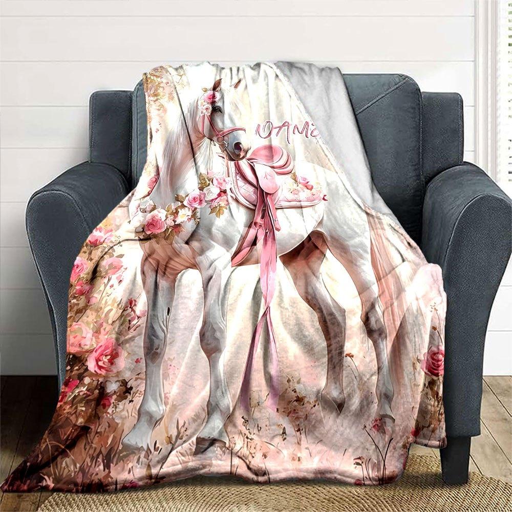 Floral Horse Art Home Customize Your Name Blankets Comfortable Soft Lightweight All Season Versatile Blanket Perfect For Picnic Sofa Office Bed Living