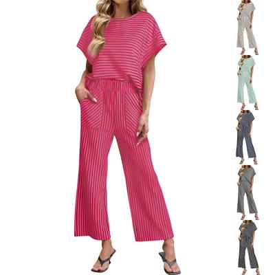 Women's Fashionable Casual Striped Top And Pants Two-Piece Set