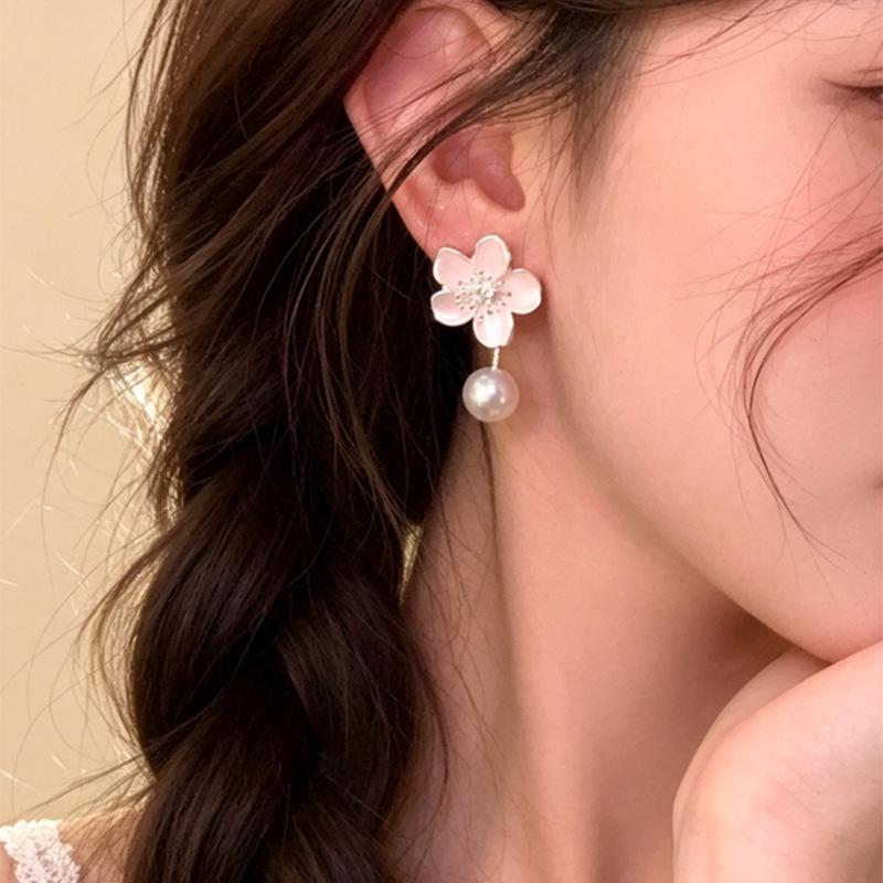 Elegant Pink Cherry Blossom Pearl Tassel Earrings for Women – Unique and Beautiful Fairy Floral Stud Jewelry