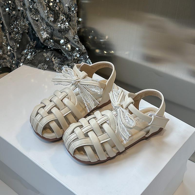 

Girls Princess Shoes Lace Bows Sweet Kids Beach Shoes Weave Hollowed-out 2025 Summer New Children Sandals Non-slip Soft Sole 23 бежевый