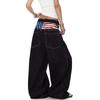 Unisex Relaxed Fit Denim Jeans With Deconstructed Flag Print Contrast Stitching Button Fly Mid-Rise Straight Cut