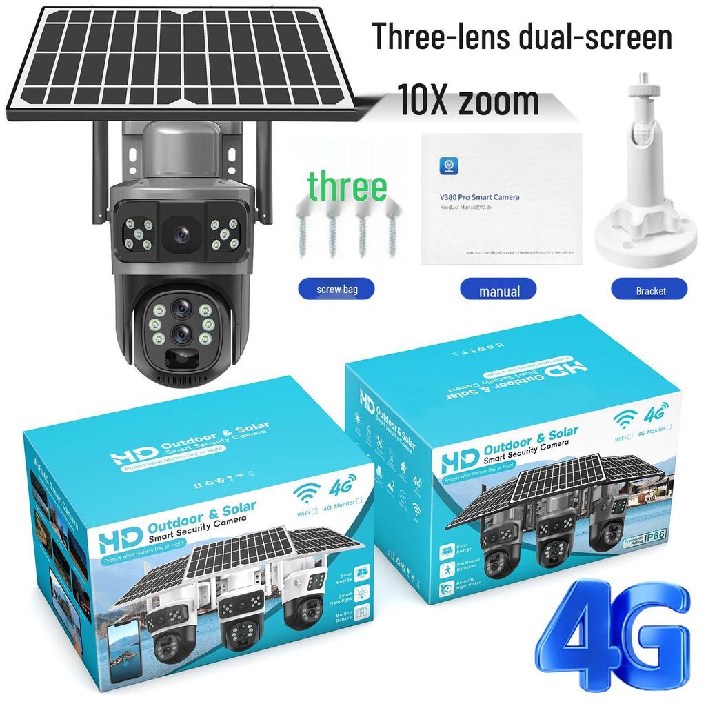 V380 4G Solar Camera with Dual-View, Triple-Lens, 10x Zoom, Low-Power, Wireless Bullet Ball Monitor