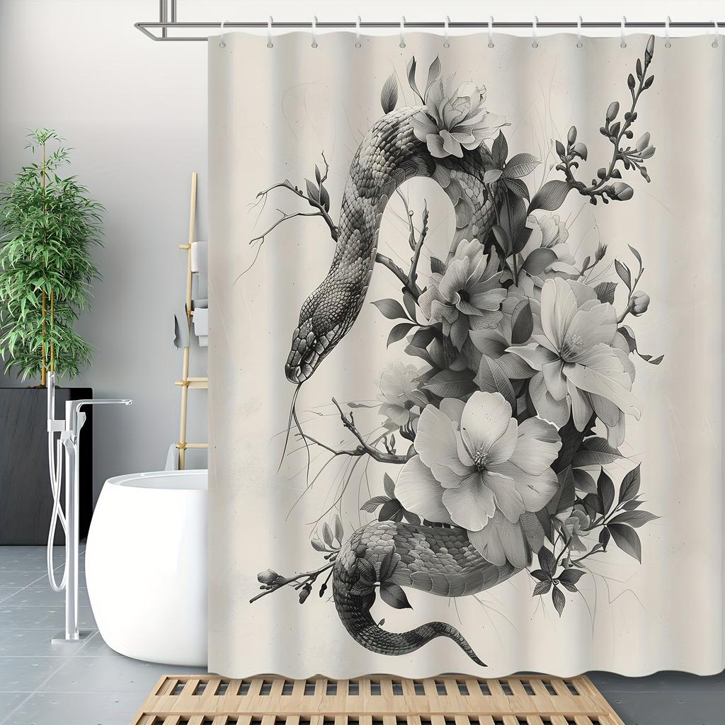 1pc Animal black and white floral pattern shower curtain, polyester fabric, machine washable, suitable for bathroom