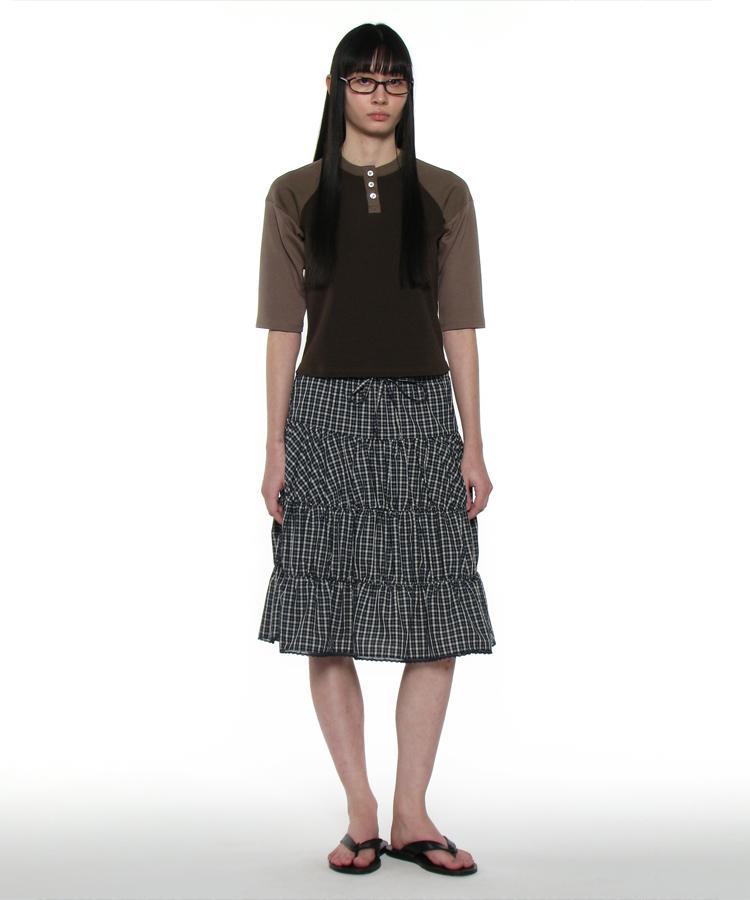 Partimento Woman Pwc Lace Trim Tiered Midi Skirt_Navy Check