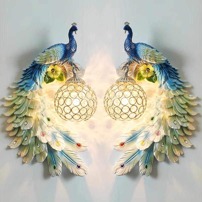 Nordic Retro Dual Color Peacock Wall Lamp Creative Gold White Lamps LED Crystal Metal Light Corridor Decoration