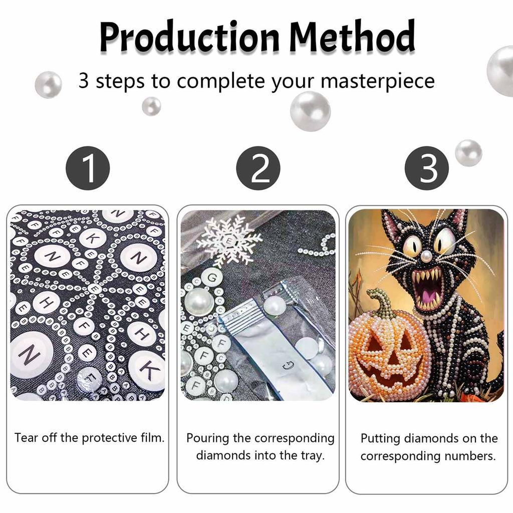 Halloween Black Cat Pumpkin Pearl Painting Art Full Pearl Handmade Diy Home Decorations