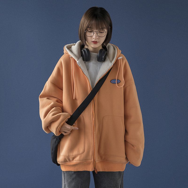 Lamb Wool Coat Women's Lazy Cardigan Sweatshirt Fleece Lined Thickened Loose Korean Style Chic Autumn Winter Hooded Top