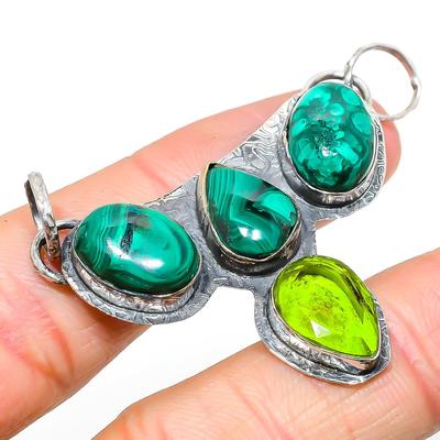 Natürlicher Malachit, Peridot Edelstein 925 Sterlingsilber Anhänger 1,77" e1T35