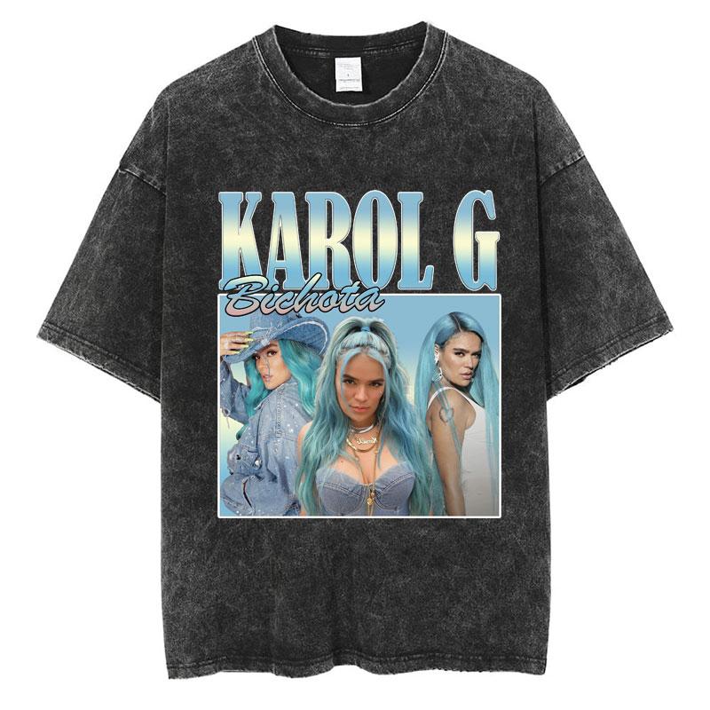 Fashion Karol G La Bichota Washed TShirt Aesthetic Hip Hop Men Women Short Sleeve Oversized Cotton Casual Tee Shirts Streetwear