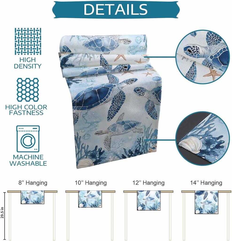 Blue Coral Sea Turtle Linen Table Runner Dresser Scarves Table Decor Washable Kitchen Dining Table Runner Holiday Party Decor